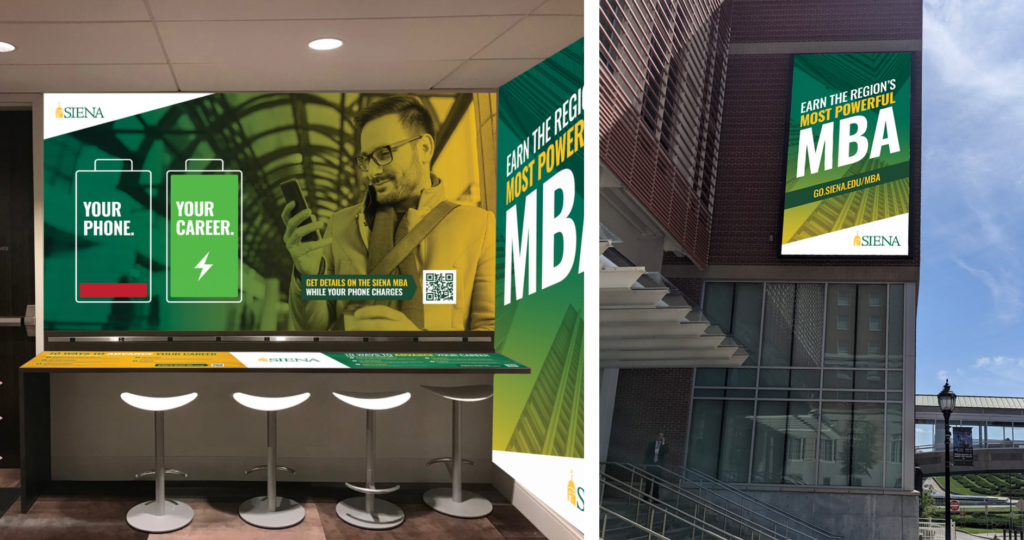 Siena College MBA Charging Station Ads (left) and Capital Center outdoor ad (right)