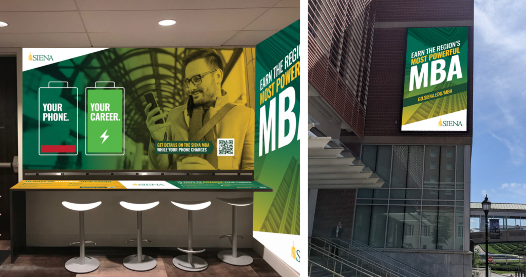 Siena College MBA Charging Station Ads (left) and Capital Center outdoor ad (right)