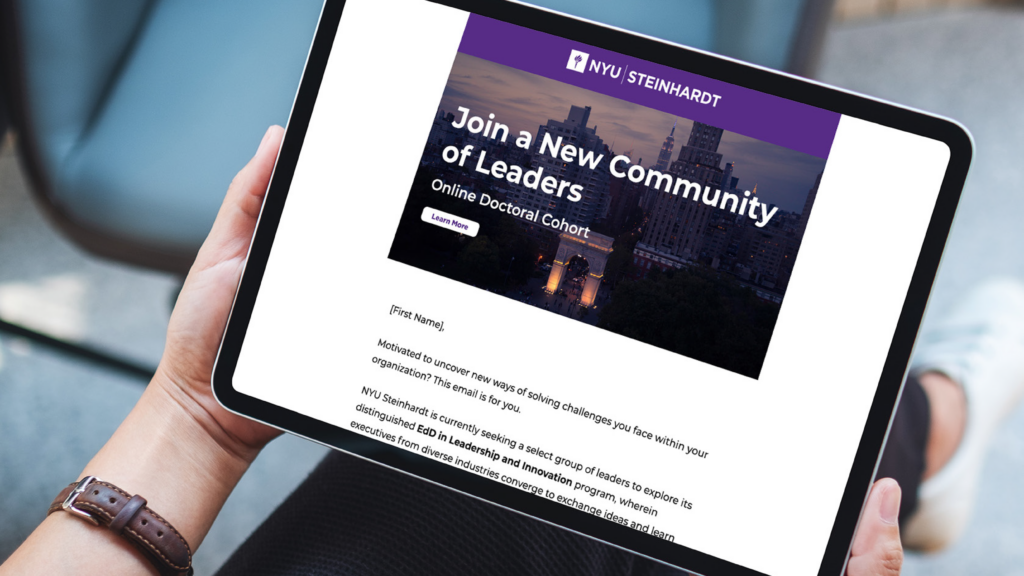 New York University Steinhardt EdD eBlast displayed on a tablet