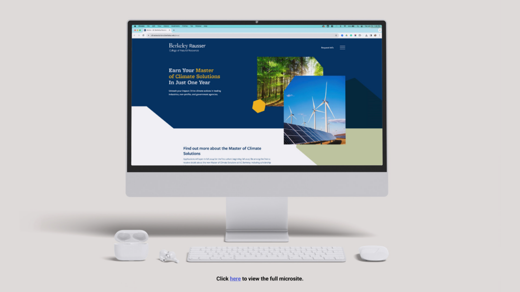 UC Berkeley Rausser Master of Climate Solutions microsite mockup on desktop computer