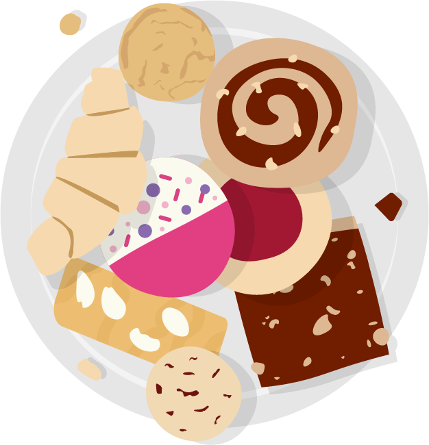 Illustration of a grey plate with an assortment of CCA's favorite cookie on top.