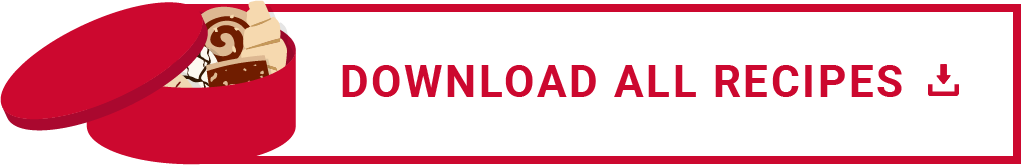 Red rectangle outline with "Download All Recipes" in the center, and a red cookie box with cookies popping out on the left side.
