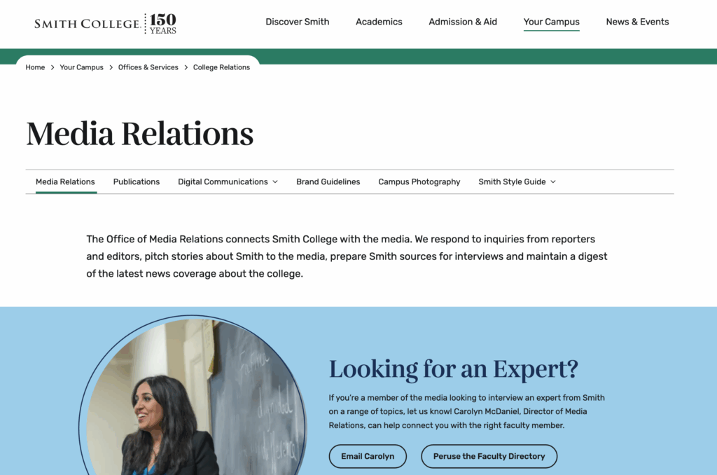 A screenshot of the Smith College Media Relations webpage