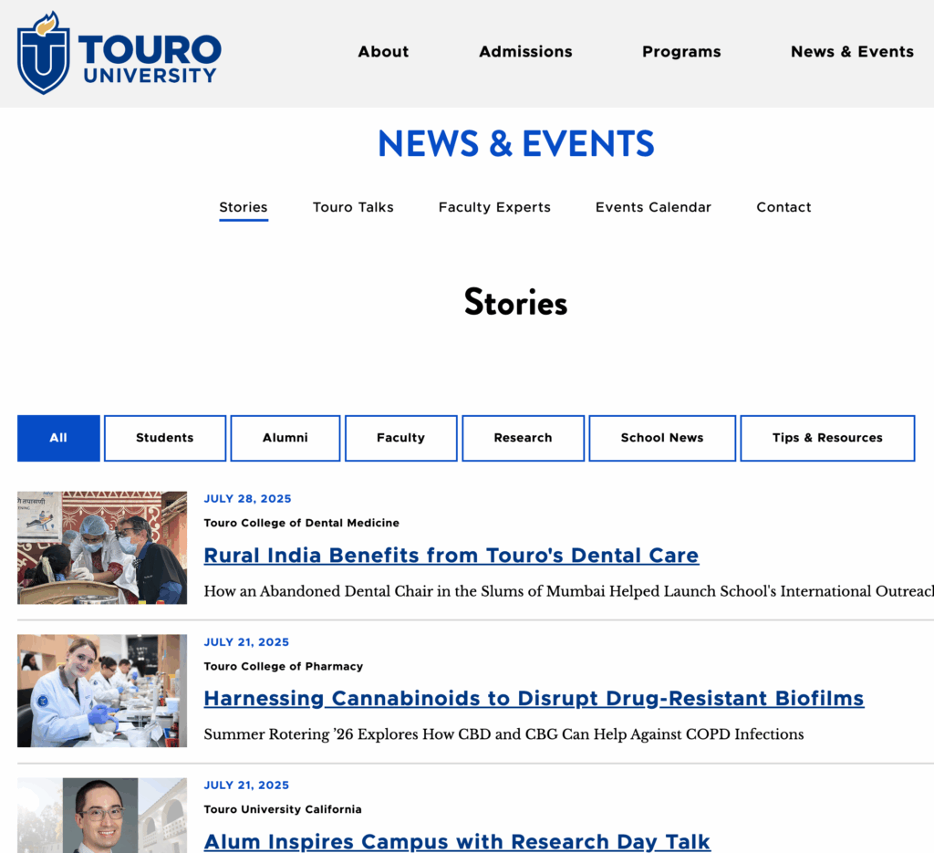 A screenshot of the News & Events page on the Touro University website