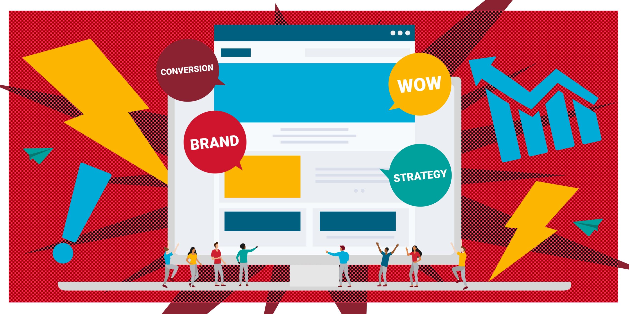 College website graphic with callouts that say conversion, brand, and strategy.
