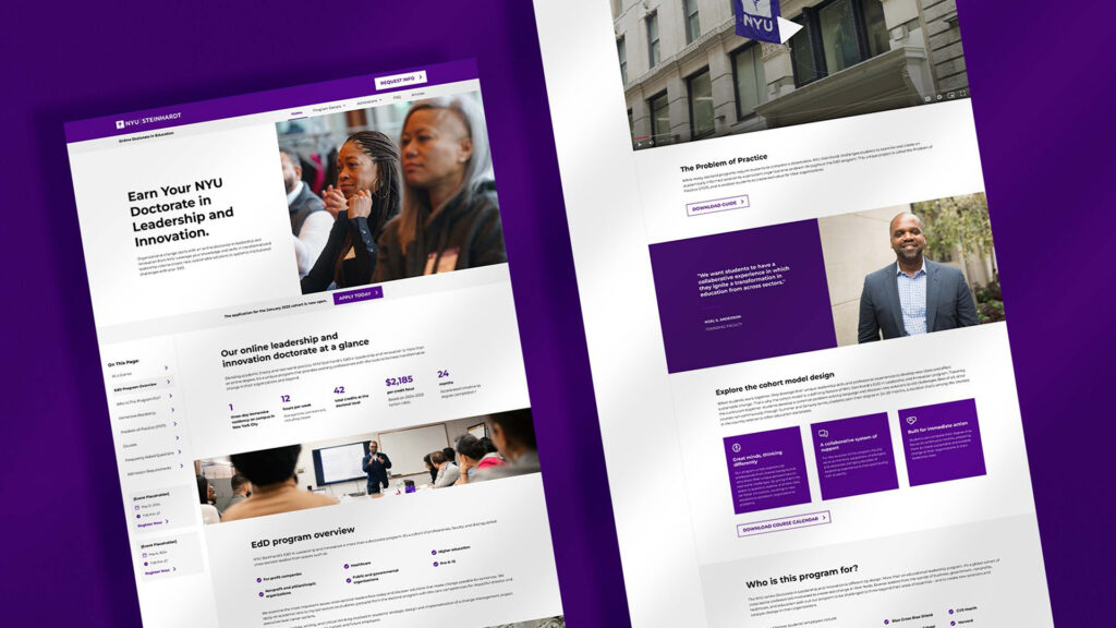 Images of the microsite created for NYU's EdD in Leadership and Innovation.