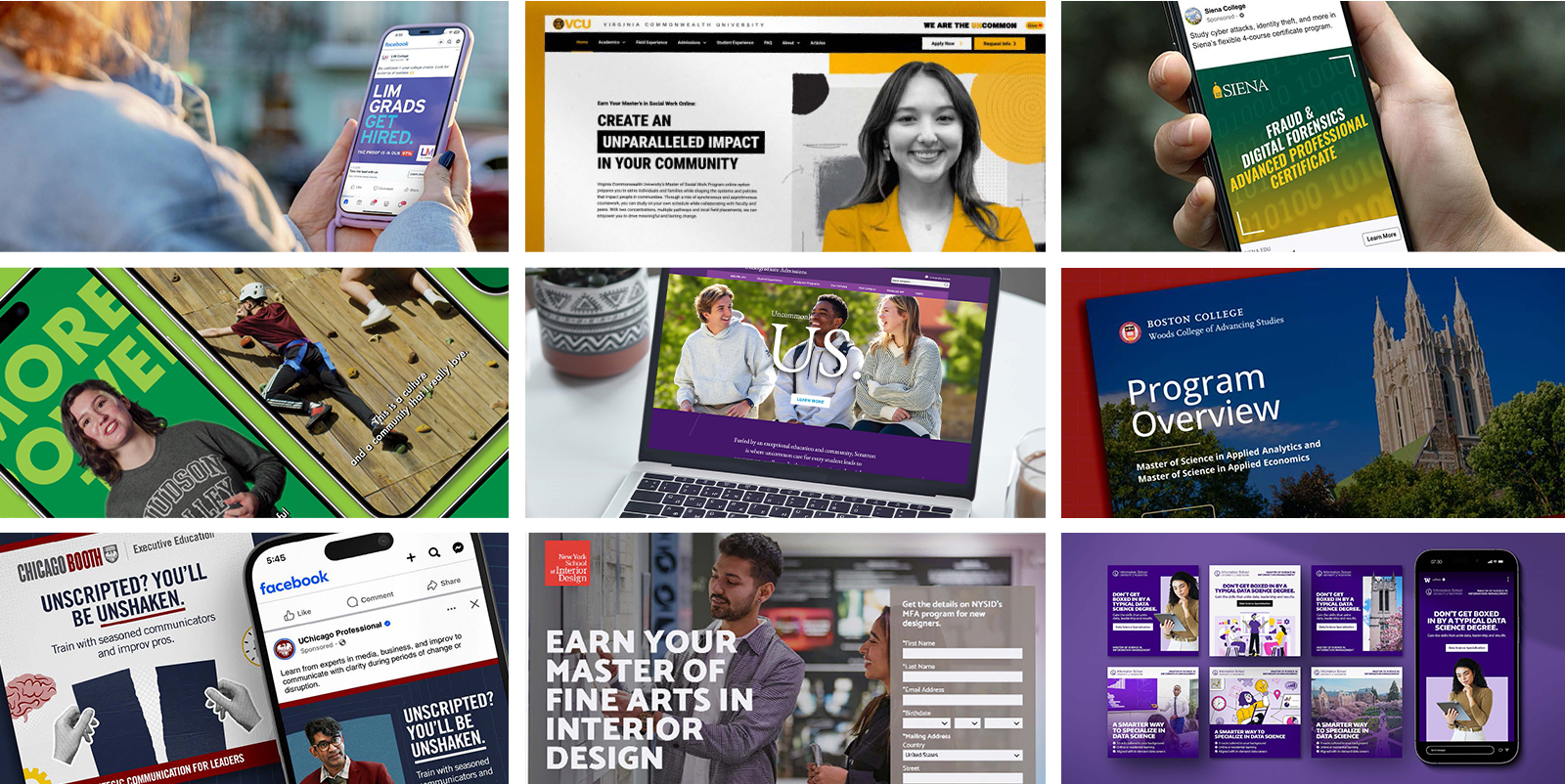 A collage of award-winning digital marketing for multiple colleges and universities