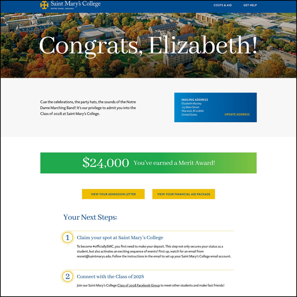 A Slate portal mockup showing an example contact card at the top followed by a banner about expected scholarships, followed by a list of next steps.